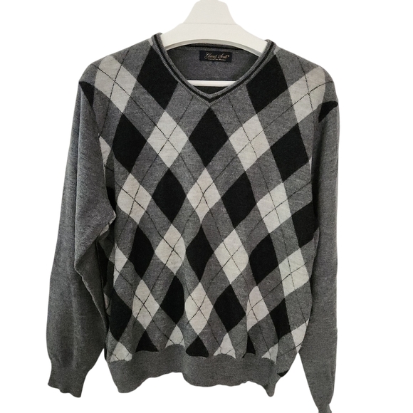 GARRET SCOTT 100% extra-fine merino wool argyle v-neck sweater small - Picture 1 of 11